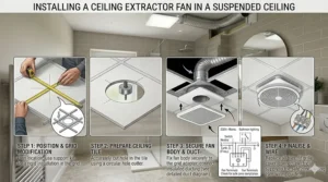Step-by-step graphic demonstrating the installation of an extractor fan into a suspended bathroom ceiling.