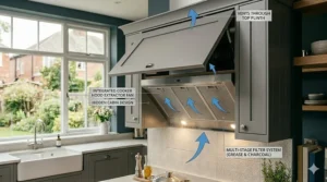An integrated cooker hood extractor fan discreetly built into kitchen cabinetry.