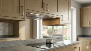 Integrated kitchen extractor fan hidden inside a seamless kitchen cabinet unit.