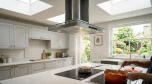 A close-up of a compact, silver integrated ducted extractor fan neatly fitted underneath modern navy blue kitchen wall cupboards, showing steam rising from a pot.
