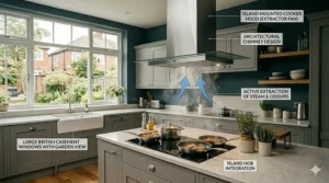 A stylish island cooker hood extractor fan positioned above a kitchen island hob.