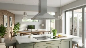 Stylish island cooker hood hanging above a kitchen island in an open-plan space.