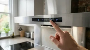A detailed view of a finger pressing the touch-sensitive control panel on a wall-mounted cooker hood to adjust speed and lighting.