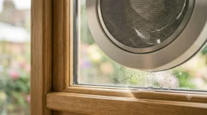 Close-up of the fine metal mesh and condensation on a kitchen window extractor fan.
