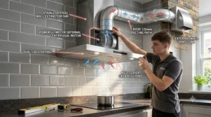 A detailed technical diagram showing the internal centrifugal motor, rigid ducting path, and multi-layer grease filters of a wall-mounted extractor fan.