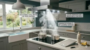 Bright LED lighting illuminating a hob from a high-performance cooker hood.