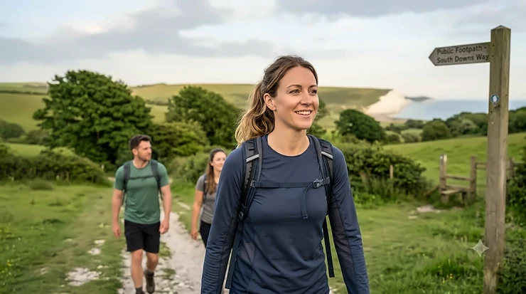 A woman hiker wears a navy blue long sleeve cooling shirt on a sunny coastal path, with South Downs Way signage in the background. long sleeve cooling shirt