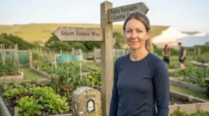 The woman stands by a traditional UK public footpath fingerpost for the South Downs Way, wearing her technical long sleeve cooling shirt.