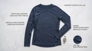 A flat lay product shot of the navy blue long sleeve cooling shirt, with diagram lines pointing out key performance features.