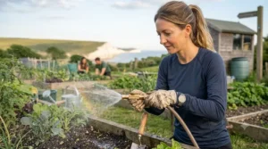 Water beads and runs off the durable, moisture-wicking surface of the long sleeve cooling shirt while the user works in the garden.