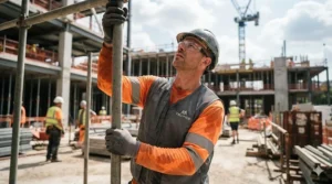 A construction worker wearing a high-vis cooling vest on a busy building site.