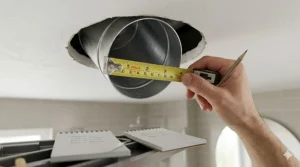 Close-up illustration showing how to measure the duct size for a replacement ceiling extractor fan.