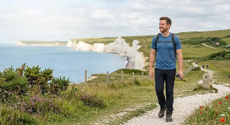 A man wearing a breathable blue short sleeve cooling shirt for outdoor activities. short sleeve cooling shirt