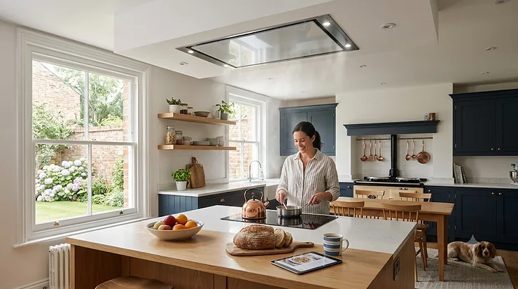 Modern open-plan kitchen featuring a sleek, integrated ceiling extractor fan positioned above a central kitchen island. kitchen ceiling extractor fan