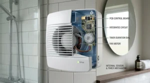 Cross-section view of a bathroom fan with timer and integrated humidity sensor.