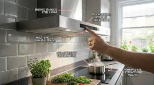 A detailed view of a touch-control interface on a stainless steel extractor fan, highlighting multi-speed fan adjustments.