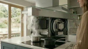 An illustration showing the quiet kitchen extractor fan in operation with an overlay graphic indicating low sound output.
