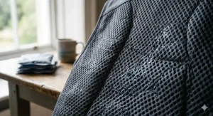 A close-up view of the durable, breathable mesh fabric used on the phase change cooling vest.