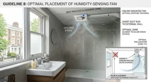 A high-performance bathroom fan effectively removing steam to prevent damp and black mould build-up.