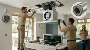 Professional installers fitting a ducted quiet kitchen extractor fan, with a detail view of the acoustic insulation.