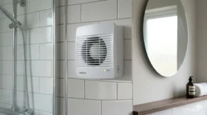 Illustration highlighting the low-noise operation of a bathroom fan with timer.