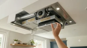 Cutaway view of a recirculating ceiling extractor fan using carbon filters to purify air before returning it to the kitchen.
