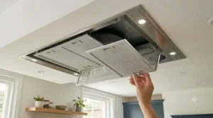 Hand holding a remote control adjusting the speed settings on a high-spec ceiling extractor fan.