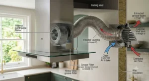 A close-up photograph showing a hand in a cleaning glove unlatching and removing a saturated mesh grease filter from the underside of the stainless steel extractor fan.