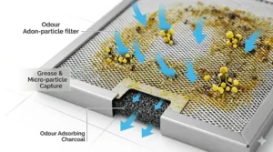 Demonstrating how to easily remove and replace a saturated grease filter from an under-cabinet kitchen extractor fan.