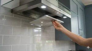 A discreetly integrated cooker hood built seamlessly into the underside of light grey kitchen cabinetry.