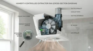 A 4K photorealistic detail view of the humidity sensor module, showcasing the precision MEMS sensor element and the vapour sampling chamber during operation.
