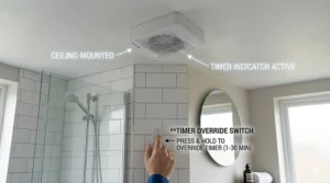 A contemporary ceiling-mounted bathroom extractor fan with a timer feature.