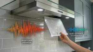 A visual representation of a smart sensor on a cooker hood automatically detecting air quality and adjusting fan speed.