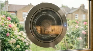 Smart kitchen extractor fan operating efficiently within a standard window setting.