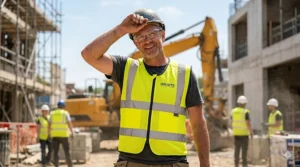 A photorealistic image of a UK construction worker on a busy, warm building site, wearing a high-visibility yellow version of the evaporative cooling vest over their work clothes.