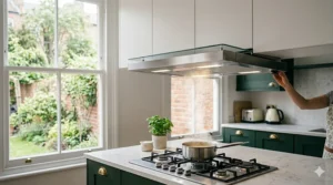 Telescopic cooker hood pulled out for maximum ventilation over a gas hob.