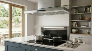 A technical diagram demonstrating the airflow and reduced noise levels of a quiet kitchen extractor fan.