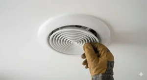 A close-up of a tradesperson adjusting the internal white ceiling grille for a quiet inline bathroom extractor fan.