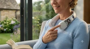 A close-up view of a user naturally adjusting the speed settings on the white, ergonomic quietest neck fan, featuring a tactile button and indicator lights.