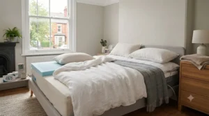 Cosy British bedroom setup showcasing breathable bedding and a cooling mattress topper for comfortable sleep during fluctuating UK seasonal temperatures.