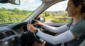 Driver wearing cooling arm sleeves for sun protection during summer driving.