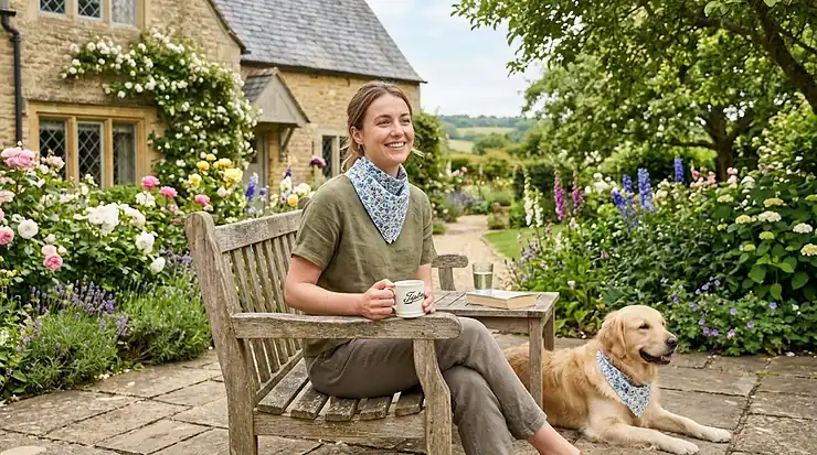 Person wearing a blue cooling bandana to stay comfortable during a hot British summer day. best cooling bandana