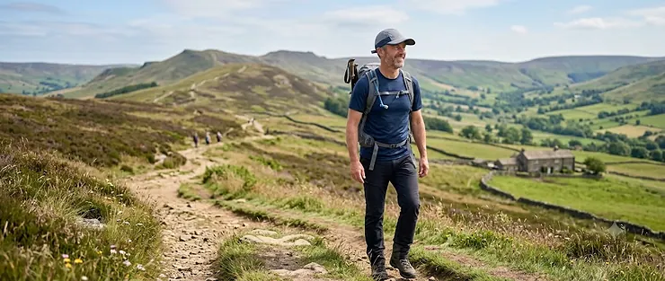 Person wearing the best cooling hat during a sunny hike in the British countryside. best cooling hat