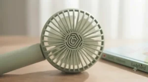 Detail view of the narrow protective safety grille on a child-friendly portable cooling fan.