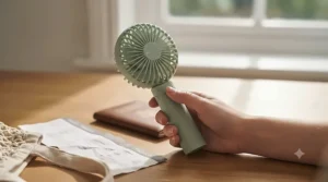 Close-up of the power button and adjustable speed settings on a modern personal cooling fan.