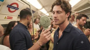 A commuter using a personal battery-operated fan to stay cool on a warm London Underground carriage.