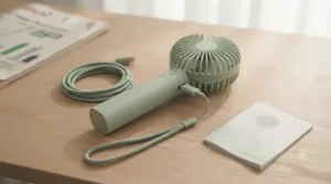A portable cooling device laid out with its included USB-C charging cable and detachable lanyard.