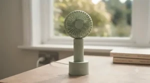 A versatile best handheld fan placed on an office desk using a detachable base stand for indoor cooling.