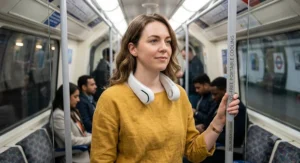 A commuter using the best neck fan on a train to stay cool during a busy, warm commute