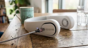 A USB-C cable plugging into the best neck fan to demonstrate its quick-charge rechargeable battery life